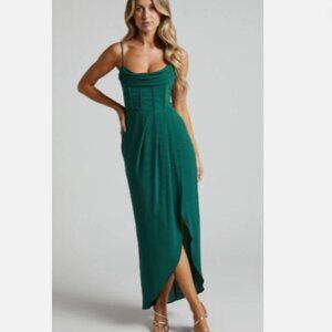 Showpo Maxi Andrina Midi Dress High Low Wrap Corset Womens 8 Forest Green Long